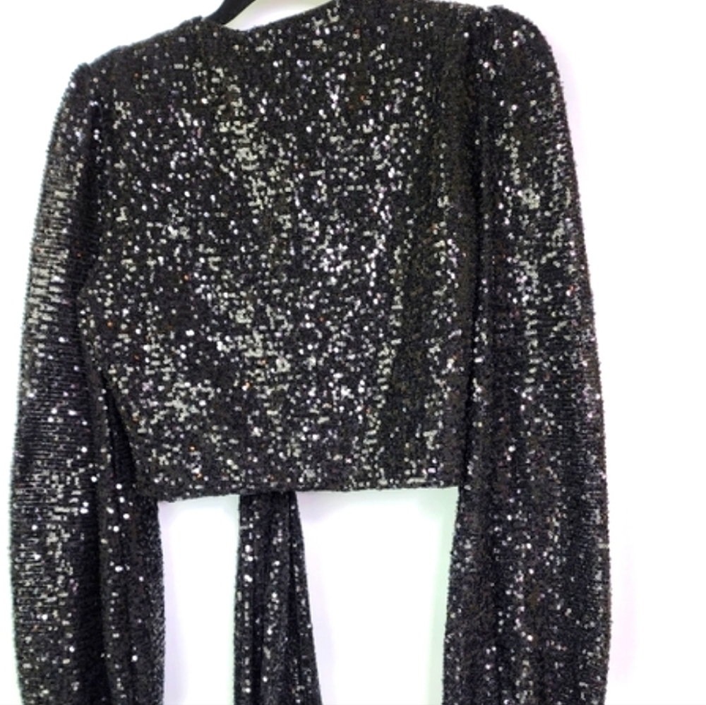 Showpo. black sequin crop jacket top tie front Size 10 - Picture 2 of 13